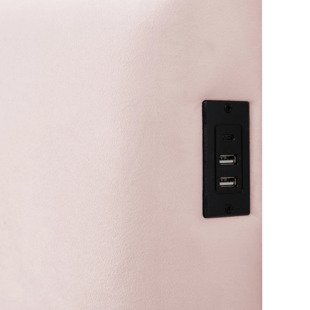 Letto Singolo 90x200 cm; con Contenitore; USB e Type-C; Rete a Doghe - in Velluto Rosa