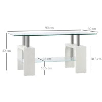 Tavolino da Caffè Moderno a 2 Livelli in Vetro e Legno, 90x50x42cm, Bianco