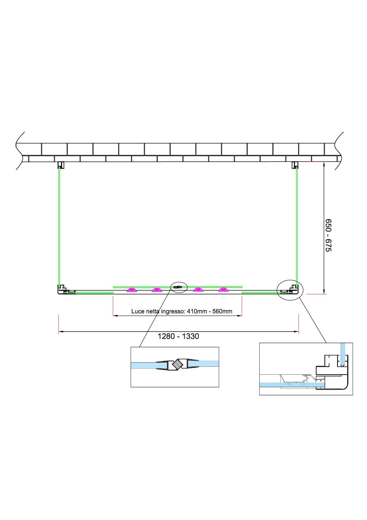 Box doccia 6 mm MISURA e PORTAa 4 ante con apertura centrale MISURA 65-67,5 ANTE FISSE + PORTA 128-133 