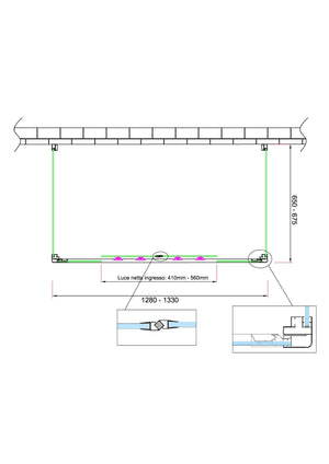 Box doccia 6 mm MISURA e PORTAa 4 ante con apertura centrale MISURA 65-67,5 ANTE FISSE + PORTA 128-133 