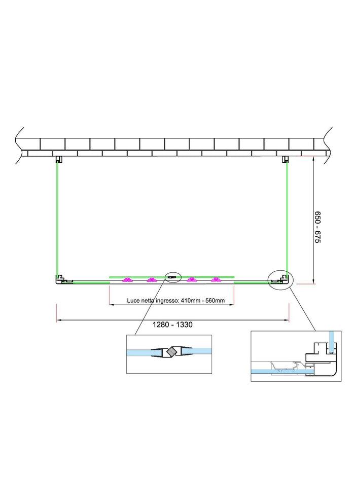 Box doccia 6 mm MISURA e PORTAa 4 ante con apertura centrale MISURA 65-67,5 ANTE FISSE + PORTA 128-133 