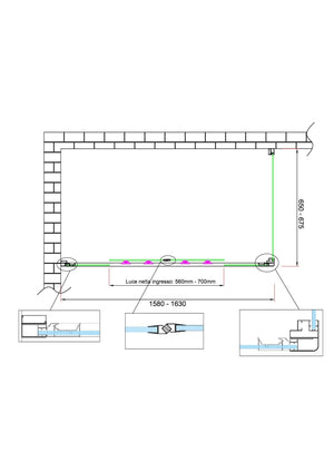 Box doccia 6 mm H 190 parete fissa e porta a 4 ante con apertura centrale MISURA 65-67,5 ANTA FISSA + PORTA 158-163 