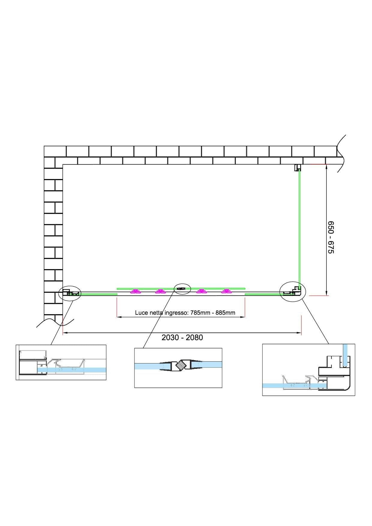 Box doccia 6 mm H 190 parete fissa e porta a 4 ante con apertura centrale MISURA 65-67,5 ANTA FISSA + PORTA 203-208 
