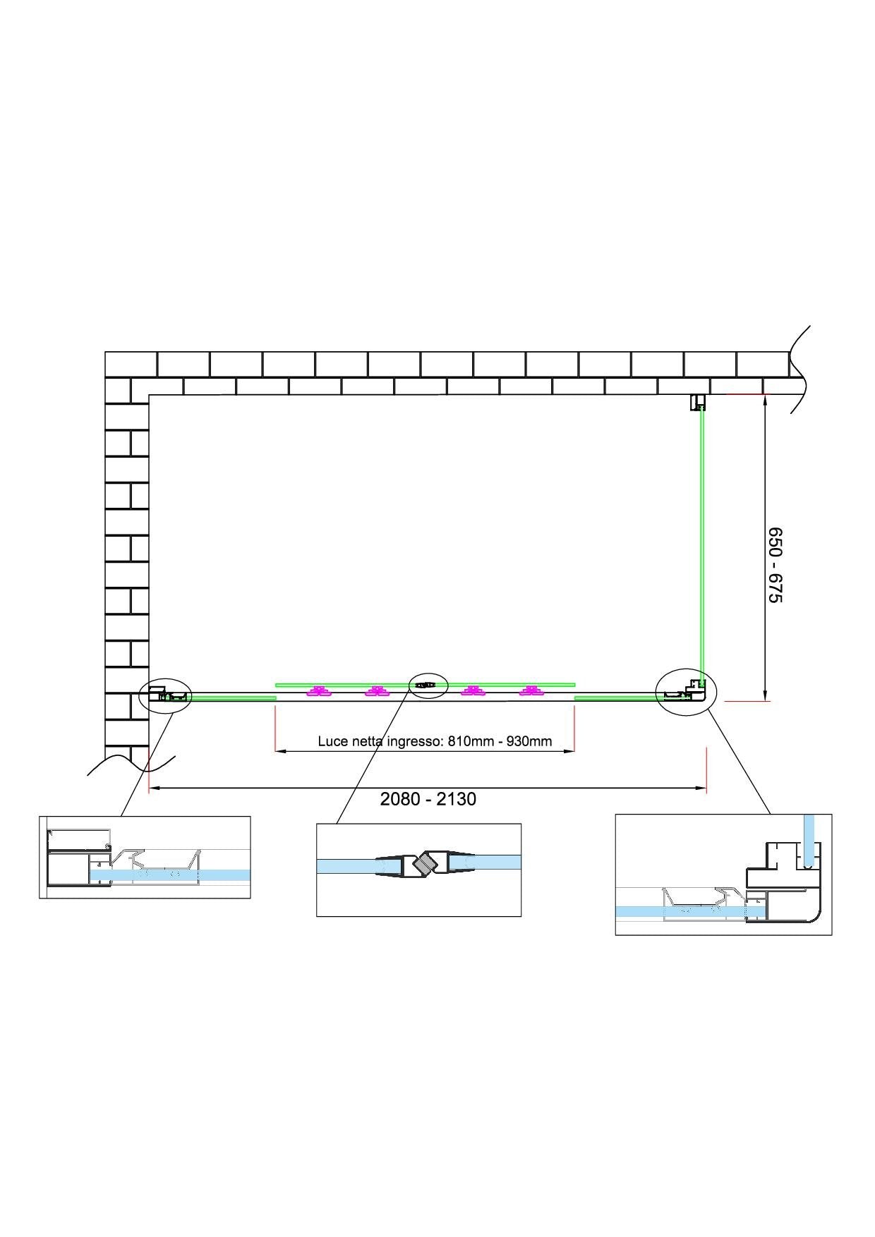Box doccia 6 mm H 190 parete fissa e porta a 4 ante con apertura centrale MISURA 65-67,5 ANTA FISSA + PORTA 208-213 