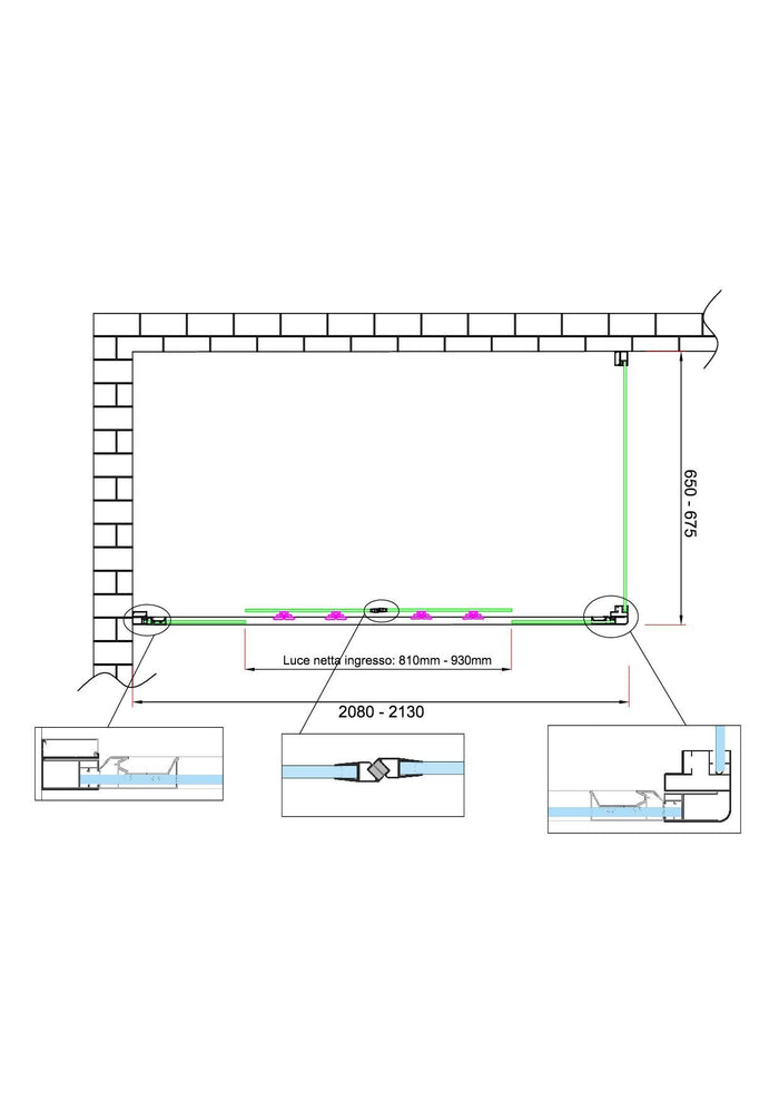 Box doccia 6 mm H 190 parete fissa e porta a 4 ante con apertura centrale MISURA 65-67,5 ANTA FISSA + PORTA 208-213 