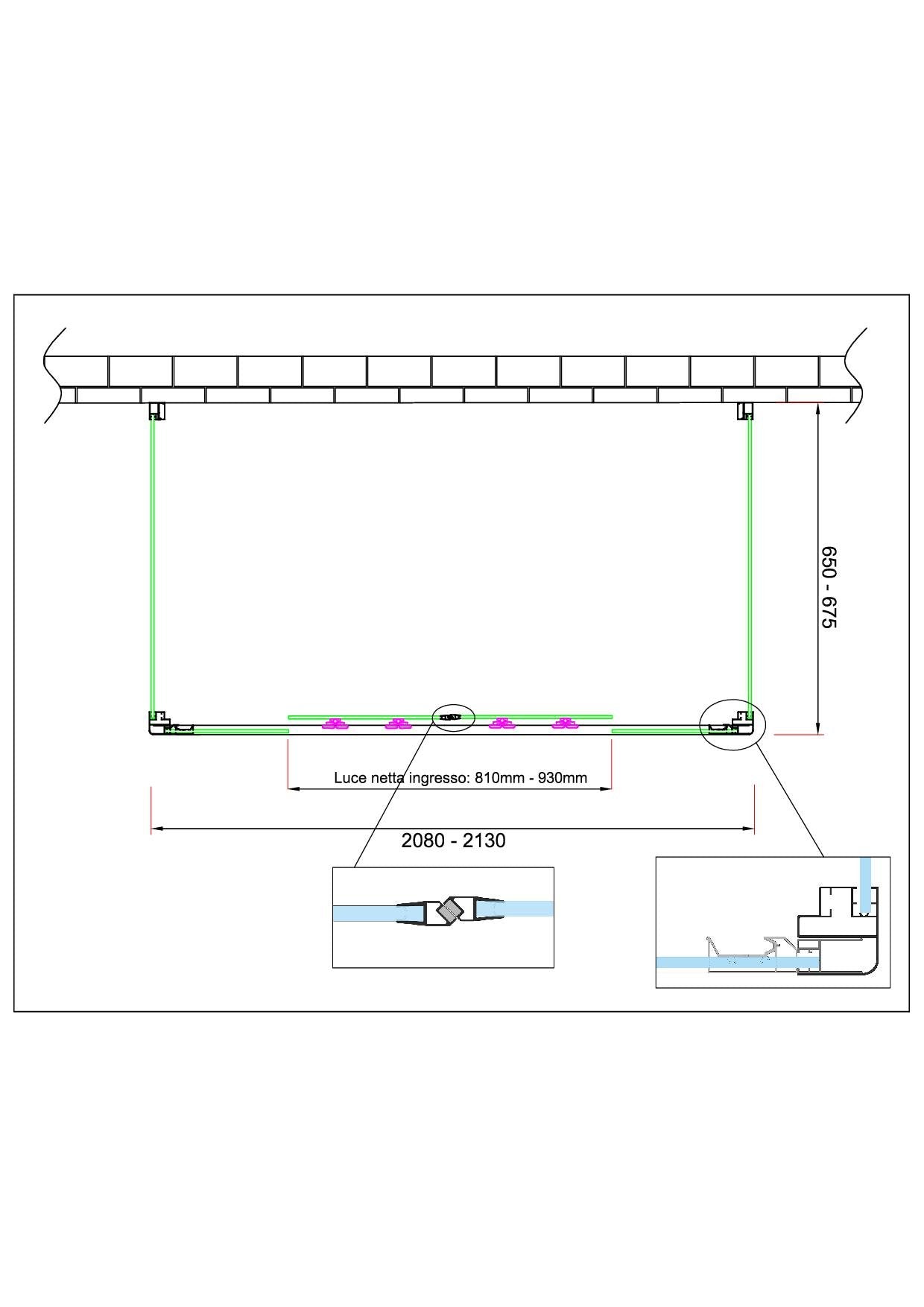 Box doccia 6 mm MISURA e PORTAa 4 ante con apertura centrale MISURA 65-67,5 ANTE FISSE + PORTA 208-213 
