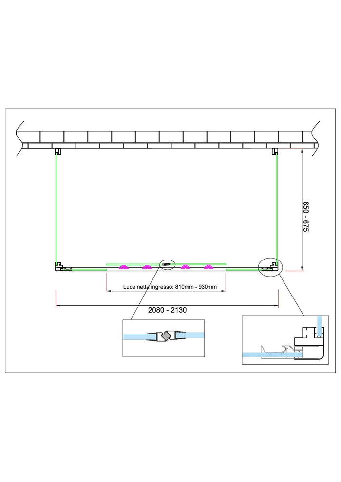 Box doccia 6 mm MISURA e PORTAa 4 ante con apertura centrale MISURA 65-67,5 ANTE FISSE + PORTA 208-213 