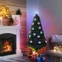 Albero di Natale Artificiale 150cm con Fibre Ottiche e 21 Luci LED, Decorazioni a Forma di Fiocco di Neve, Verde