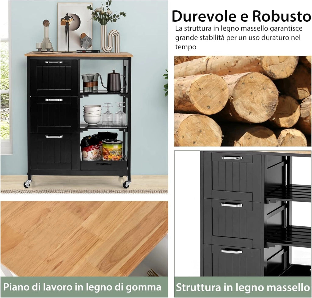 Carrello da Cucina con Ruote, Credenza Cucina con 4 Ripiani e 3 Cassetti, in Legno, Ideale per Cucina Ristorante e Bar, 67 x 37 x 83,5 cm (Nero)