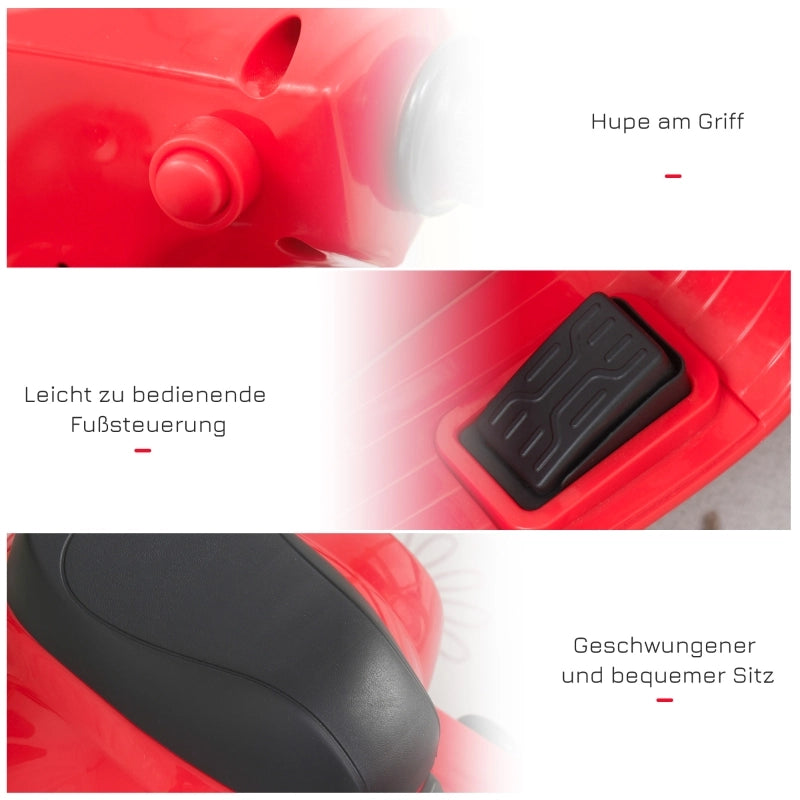 Vespa, moto elettrica per bambini, con luci a LED e suoni, adatta a bambini dai 18 ai 36 mesi, colore rosso.