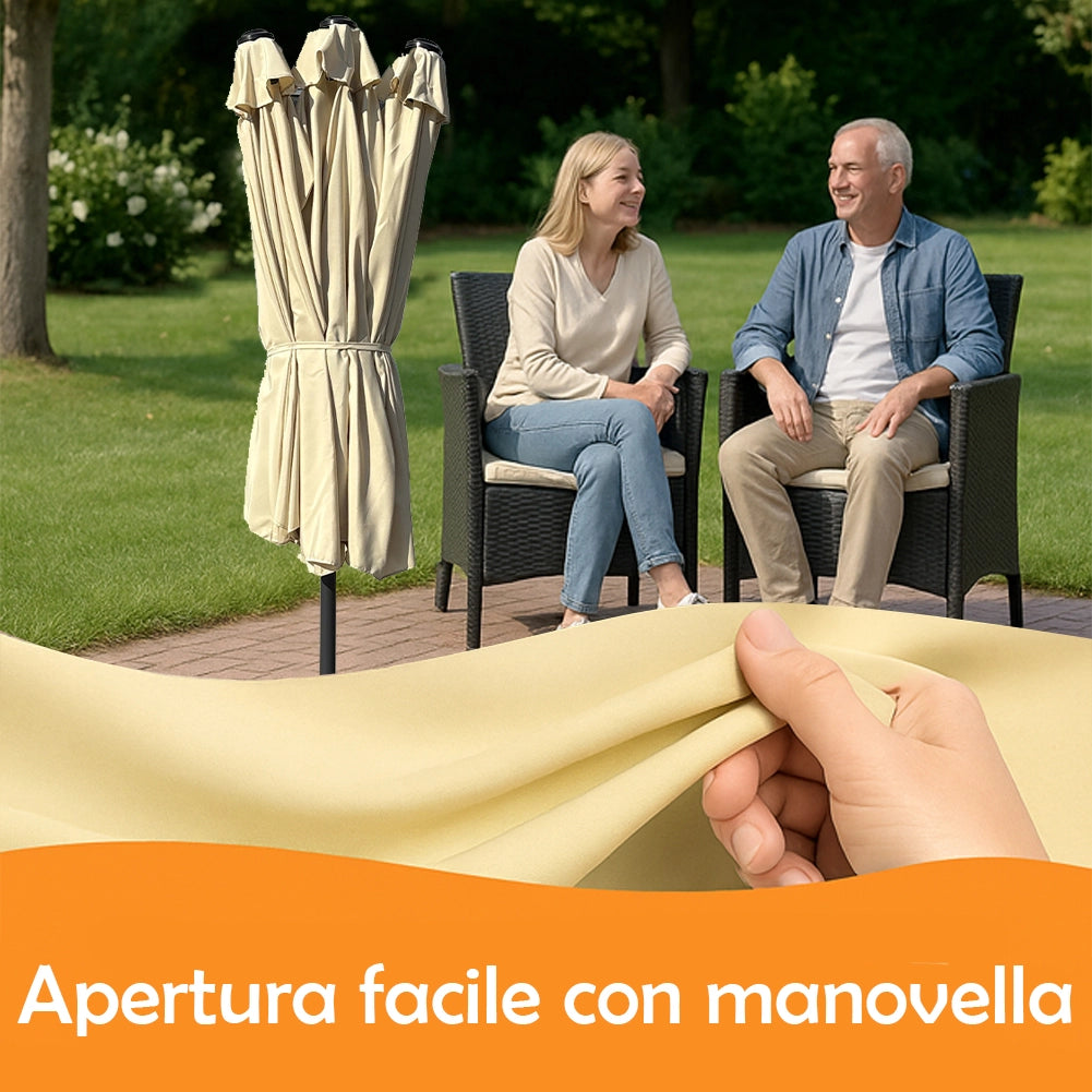 Ombrellone Doppio da Giardino 3x1.5 Metri Apertura a Manovella e Copertura Beige