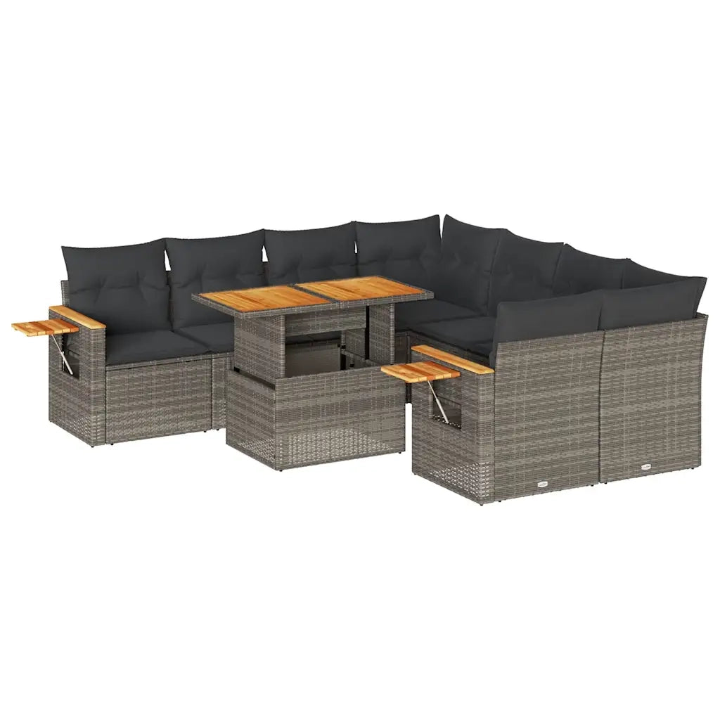 Set Divano da Giardino 9pz con Cuscini Grigio Polyrattan Acacia