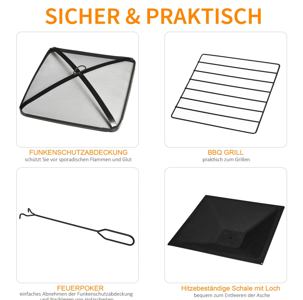 Braciere da esterno ULEVR 76x76x47 cm con griglia per barbecue e parascintille, acciaio nero