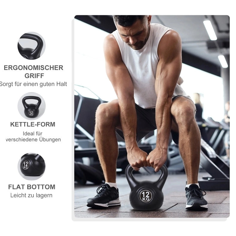 Kettlebell 12 kg con struttura in plastica e riempimento di sabbia, colore nero