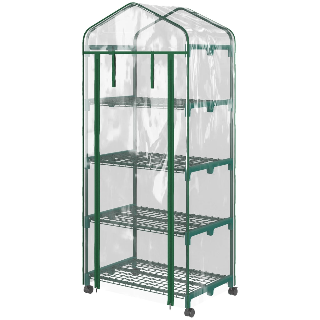Serra per Piante Verticale con Scaffale a 4 Ripiani in Acciaio e PVC Verde, 69x50x165cm