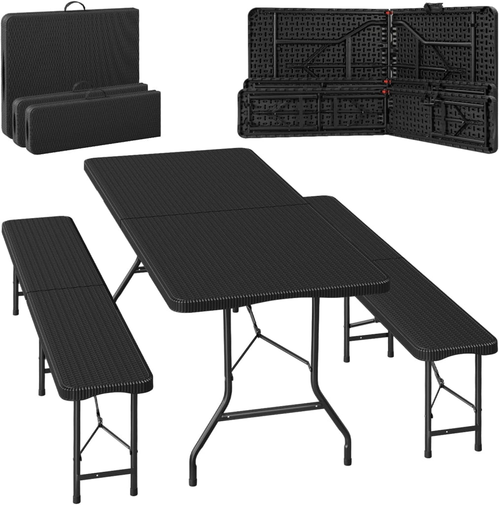 Set Birreria 3 Pezzi con Tavolo da Campeggio con 2 Panche Pieghevoli, Set Giardino Esterno Effetto Rattan, Resistente alle Intemperie e Facile da Pulire, per Campeggio, Giardino, Nero