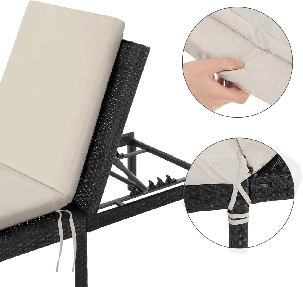 SONGMICS Lettino Prendisole, Sdraio in Rattan Sintetico, Materassino di 5 cm, Schienale Inclinabile, 59 x 198 x 28 cm, Max Portata 150 kg, Giardino Balcone Terrazzo, Beige GCB27BRV1
