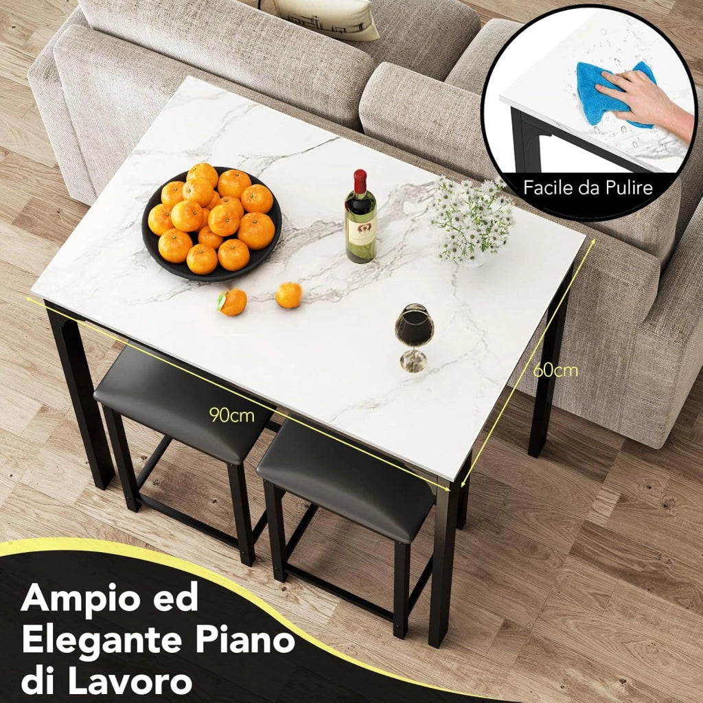 Tavolo Cucina con 2 Sgabelli, Tavolo Alto con 2 Sgabelli Senza Schienale in Similpelle da Cucina, Sala da Pranzo e Soggiorno, Tavolo Bar con Sgabelli Moderno per Spazi Piccoli (Bianco)