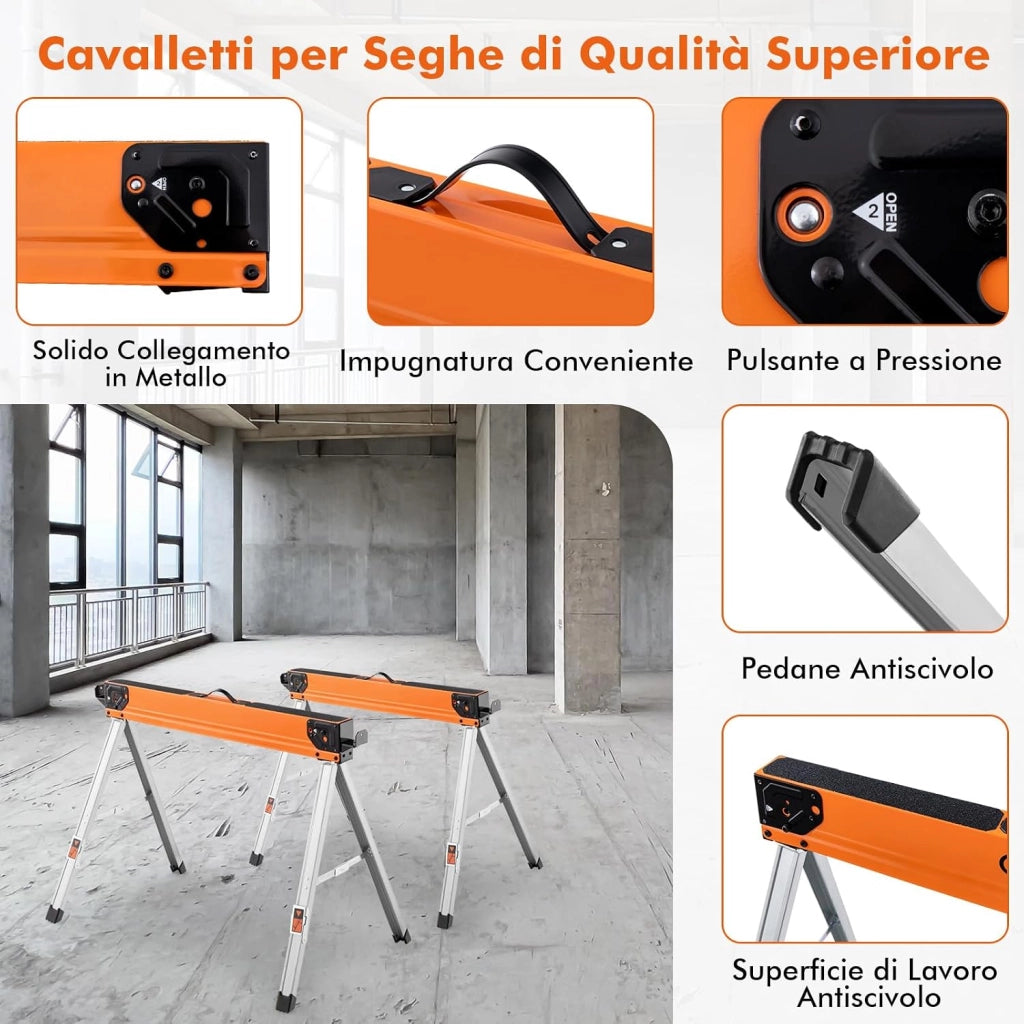 2 Cavalletti da Lavoro Pieghevoli, Cavalli da Lavoro con Supporti a Ribaltamento e Bracci di Supporto, Carico Fino a 500 kg (Modello 6)