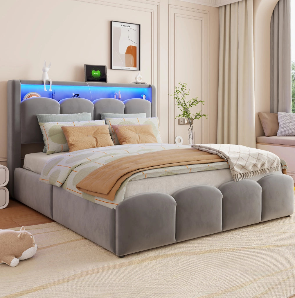 LETTO Imbottito 140x200 cm Velluto Grigio con LED, USB e USB-C