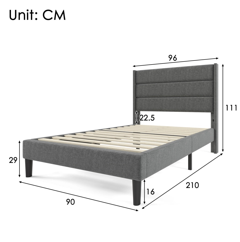 Letto imbottito 90x200 cm grigio con testiera e rete a doghe