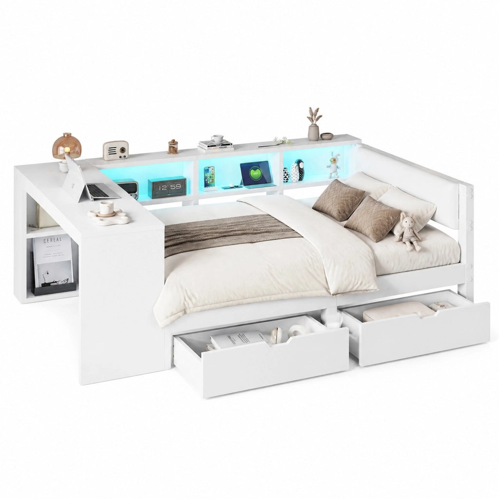 Letto a piattaforma 140x200 cm bianco con cassetti; ripiani; LED e ricarica USB