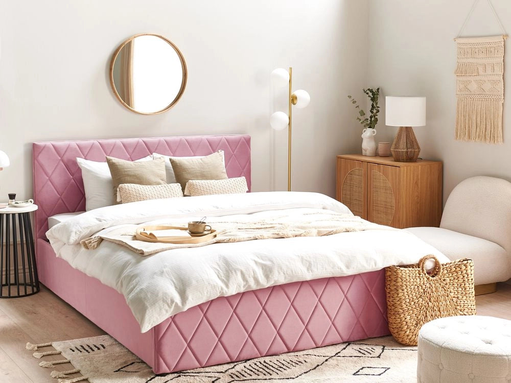 Letto contenitore Rivestimento in velluto rosa 160 x 200 cm con testiera trapuntata a diamante con base a doghe