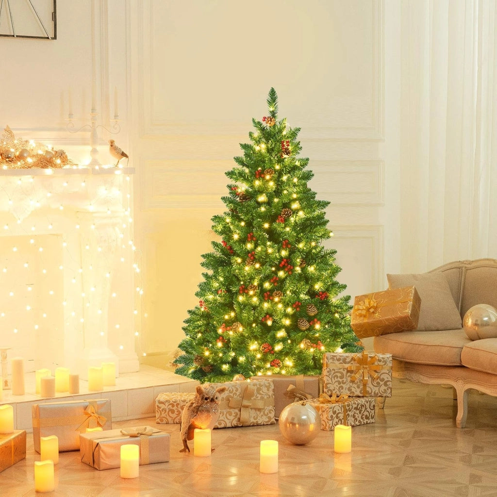 Albero di Natale Artificiale 135/195 cm in PVC, Albero di Natale con Luci LED Incorporate, Mele di Pino e Bacche Rosse, Christmas Tree per Casa, Negozio, Ufficio, Feste (M)