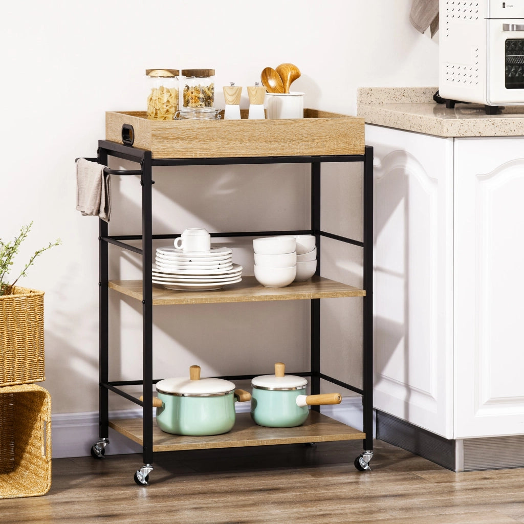 Carrello da Cucina 72x40x86 cm 3 Ripiani con Vassoio Rimovibile e Ruote Girevoli in Truciolare e Acciaio Nero