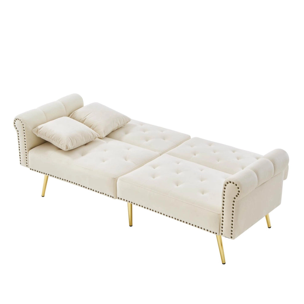 Divano letto 2 posti in velluto beige con schienale regolabile; 173x75x70 cm