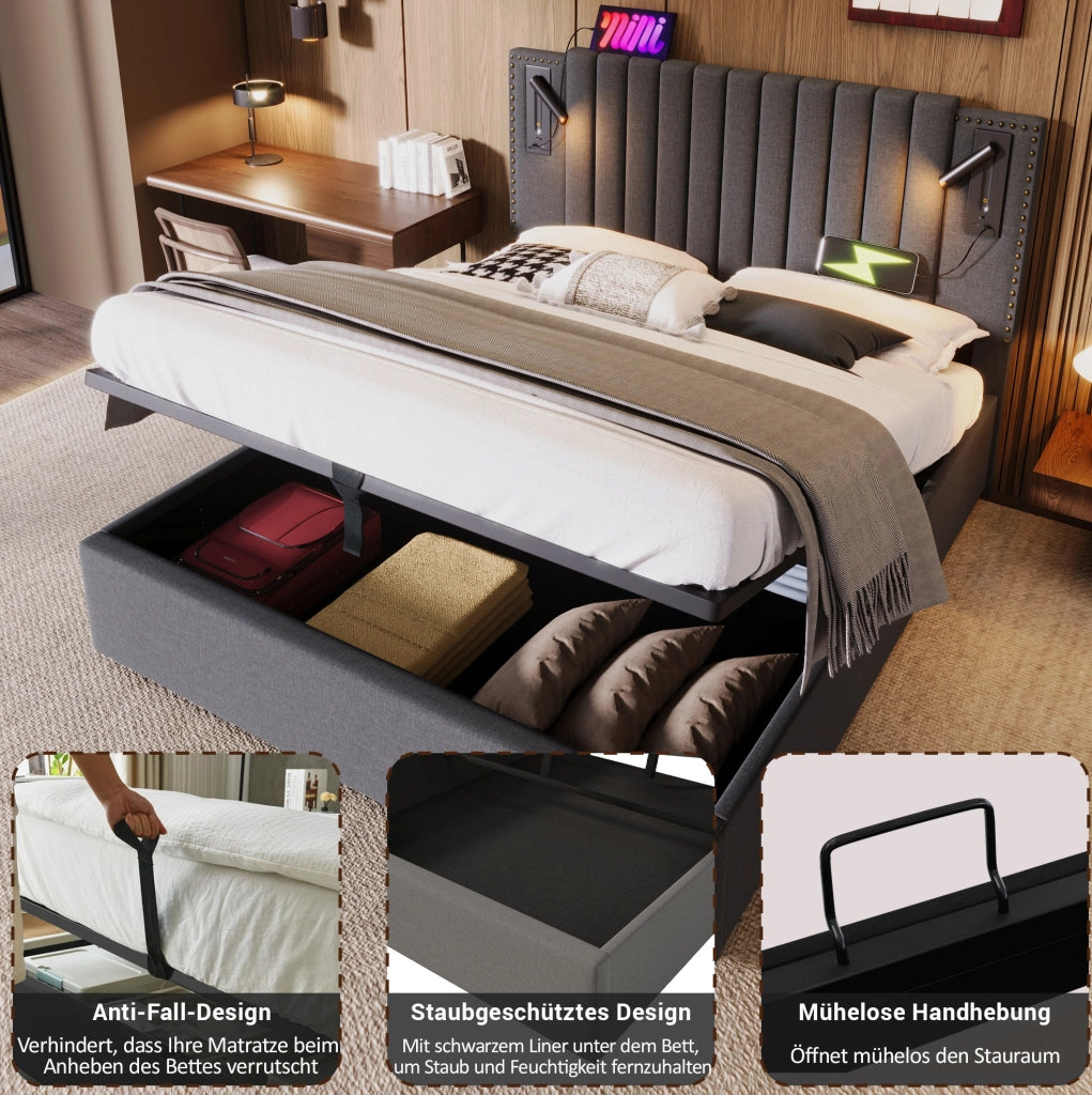 Letto matrimoniale 140x200 con contenitore, USB, luce e materasso
