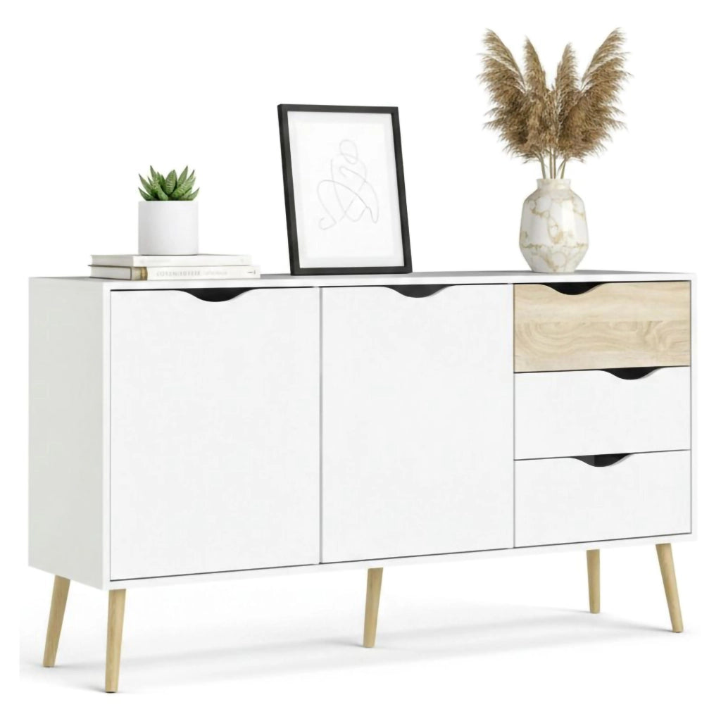 Credenza a due ante e tre Animato, colore bianco e rovere, Misure 147 x 81 x 39 cm