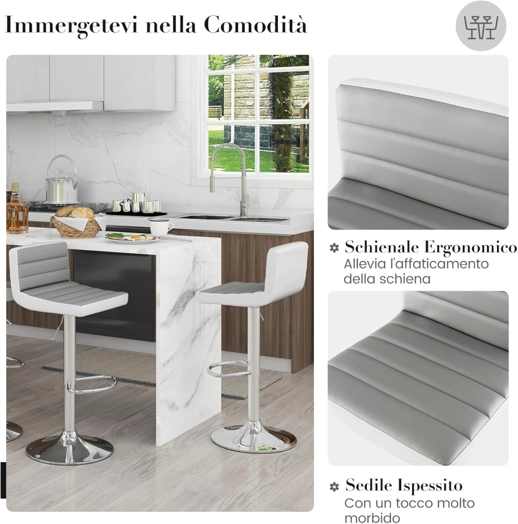 Set 2 Sgabelli da Bar in Finta PU, Sedie Girevoli e Regolabili con Schienali, Poggiapiedi e Base in Metallo, Sgabelli da Cucina per Isola, Bar e Ristorante, Grigio e Bianco