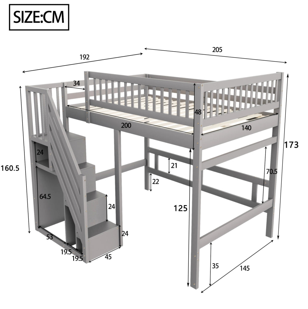 Letto a soppalco 140x200 cm con scala contenitore in pino; compensato e MDF grigio