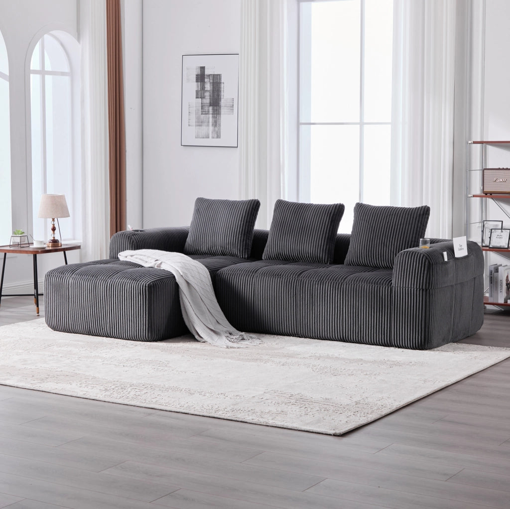 Divano modulare in velluto a coste scuro 253x158x61 cm; con tasche laterali e portabicchieri