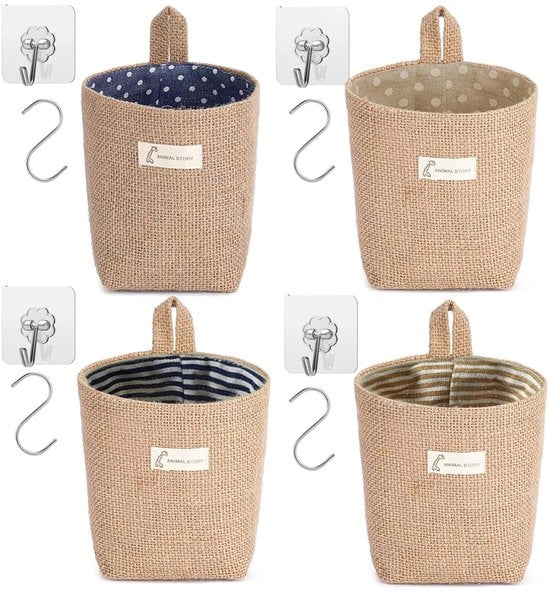 Set di Contenitori di Stoccaggio 4 Pezzi - Telaio di Cotone/Lino - Impermeabile - Ripiegabile - Appeso - 13,5 x 12 x 10 cm - Respiro e Duraturo - Contenitori di Stoccaggio