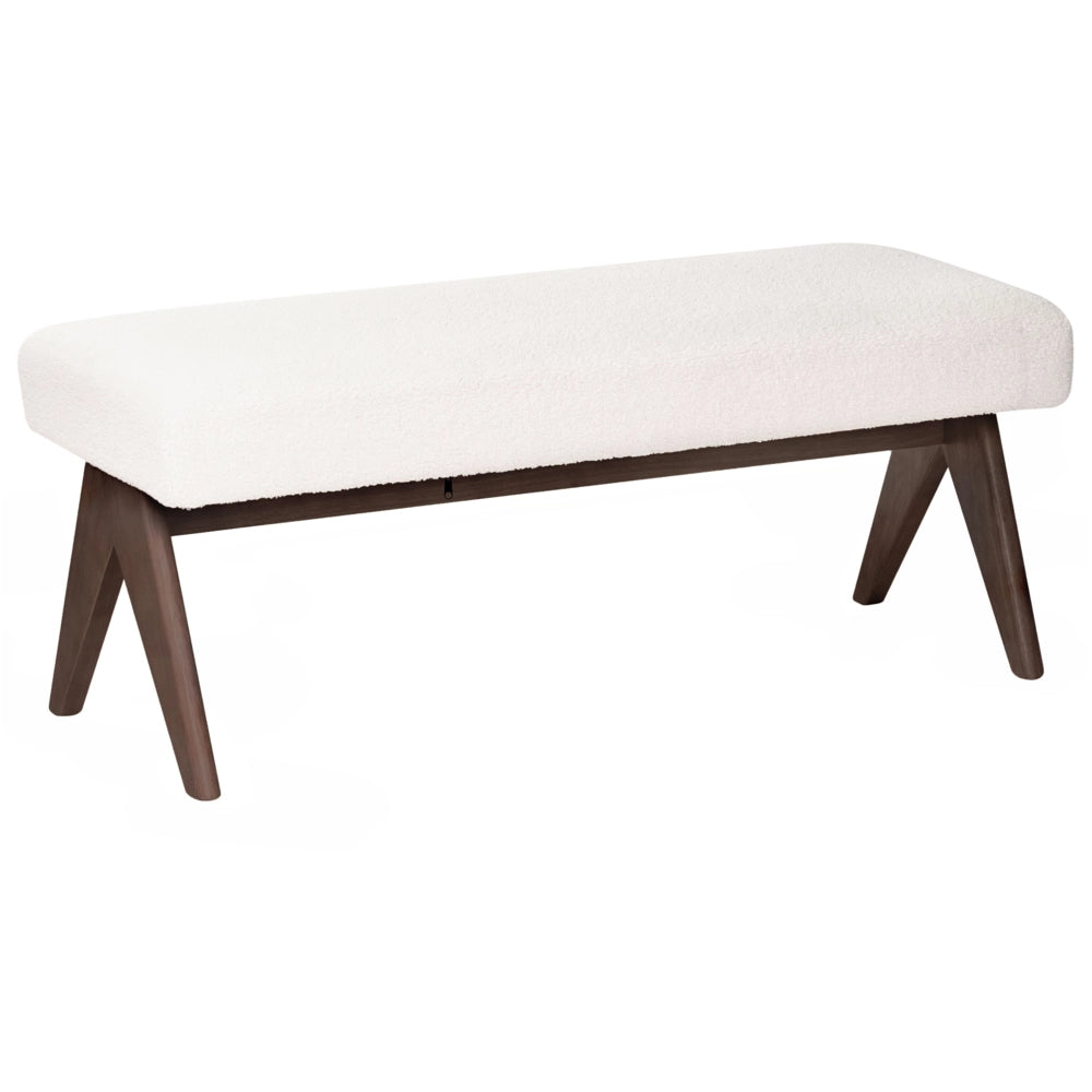Panca Boucle bianco sporco e marrone scuro con gambe in legno imbottite Panca per corridoio e panca da letto