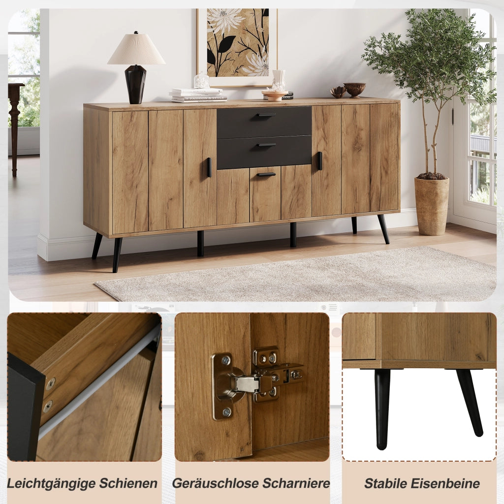Credenza e madia con 2 cassetti 3 ante e 7 vani per soggiorno e sala da pranzo in MDF nero e legno 140 × 35 × 67 cm