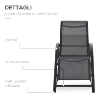 Set 2 Lettini Prendisole e Tavolino con Ripiano, in Tessuto Traspirante e Metallo, 59x169x66 cm, Nero