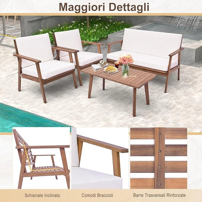 Set di Conversazione da Esterno in 4 Pezzi, Set da Divano in Legno di Acacia con Cuscini Morbidi per Sedile e Schienale, Tavolino da Caffè Rettangolare, per Patio Giardino Piscina (Bianco)