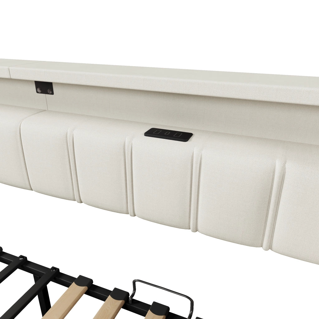 DESMIU Divano letto 90 × 200 cm 1 posto con USB, Type-C, LED, 2 cassetti e tasche, senza materasso, beige