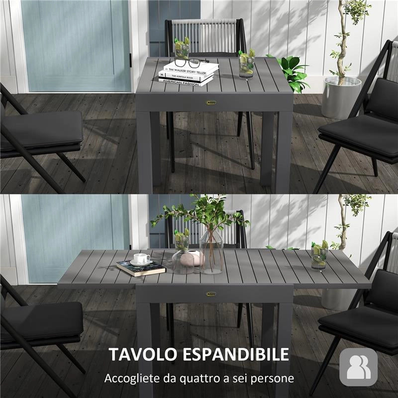 TAVOLO DA GIARDINO ALLUNGABILE PER 4-6 PERSONE CON PIANO A DOGHE, IN ALLUMINIO, 81/162X80X75 CM, GRIGIO