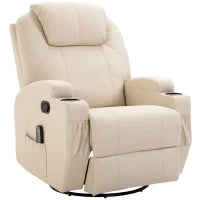 Poltrona Relax Elettrica Reclinabile Girevole con 2 Portabicchieri, Telecomando, Poggiapiedi e 4 Tasche Laterali, in Pelle PU, Legno e Acciaio, Crema