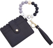 Sostegno per chiavi - Pelle artistica - Design unico - Nero - Portafoglio - Ideale regalo per donne - Perle in legno e pennelli
