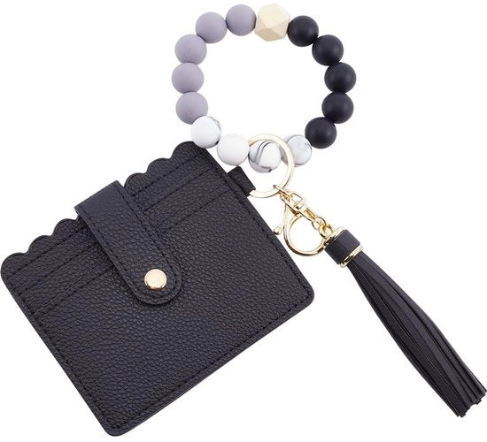 Sostegno per chiavi - Pelle artistica - Design unico - Nero - Portafoglio - Ideale regalo per donne - Perle in legno e pennelli