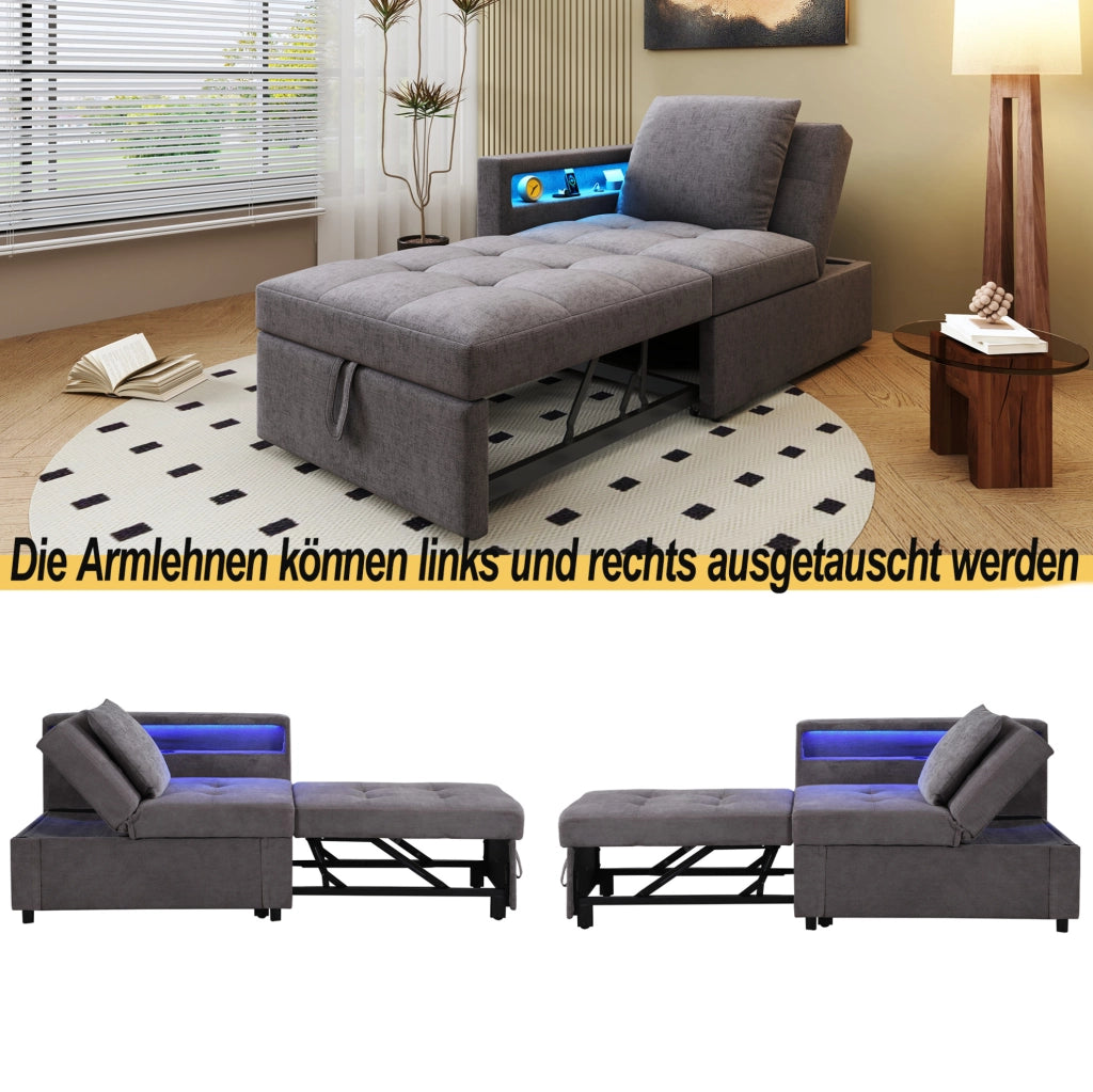 Divano letto trasformabile 3 in 1 grigio scuro con LED e porte USB