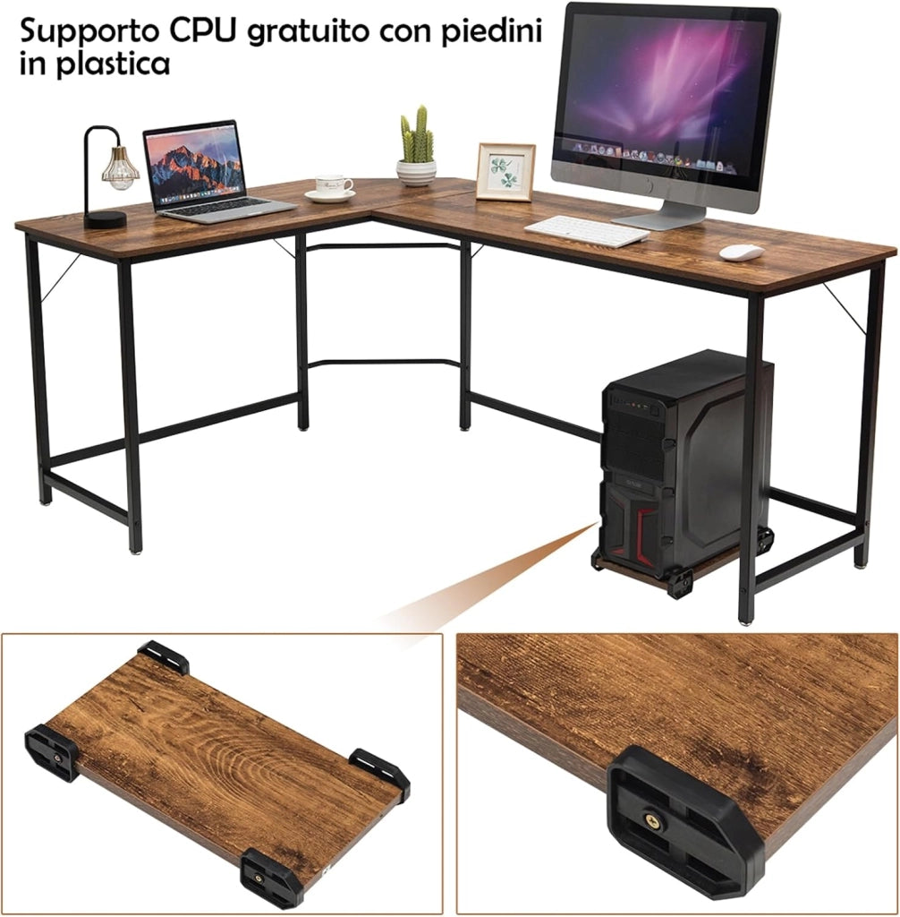 Scrivania Angolare Salvaspazio, Scrivania Porta PC a Forma di L con Porta CPU, Scrivania ad Angolo in Legno e Ferro per Studio e Ufficio, Portata 100 kg, 168 x 125 x 74 cm (Caffè)