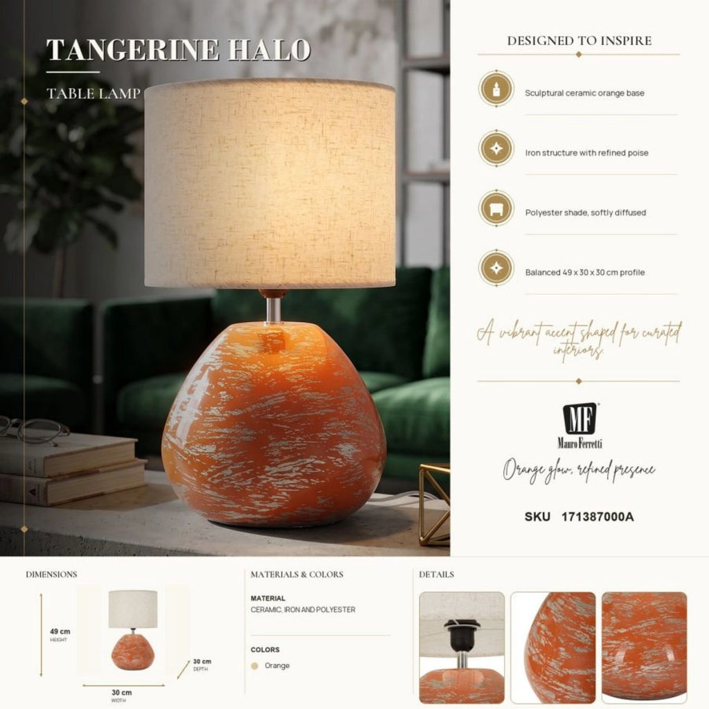 Lampada da tavolo in ceramica arancione con paralume in poliestere