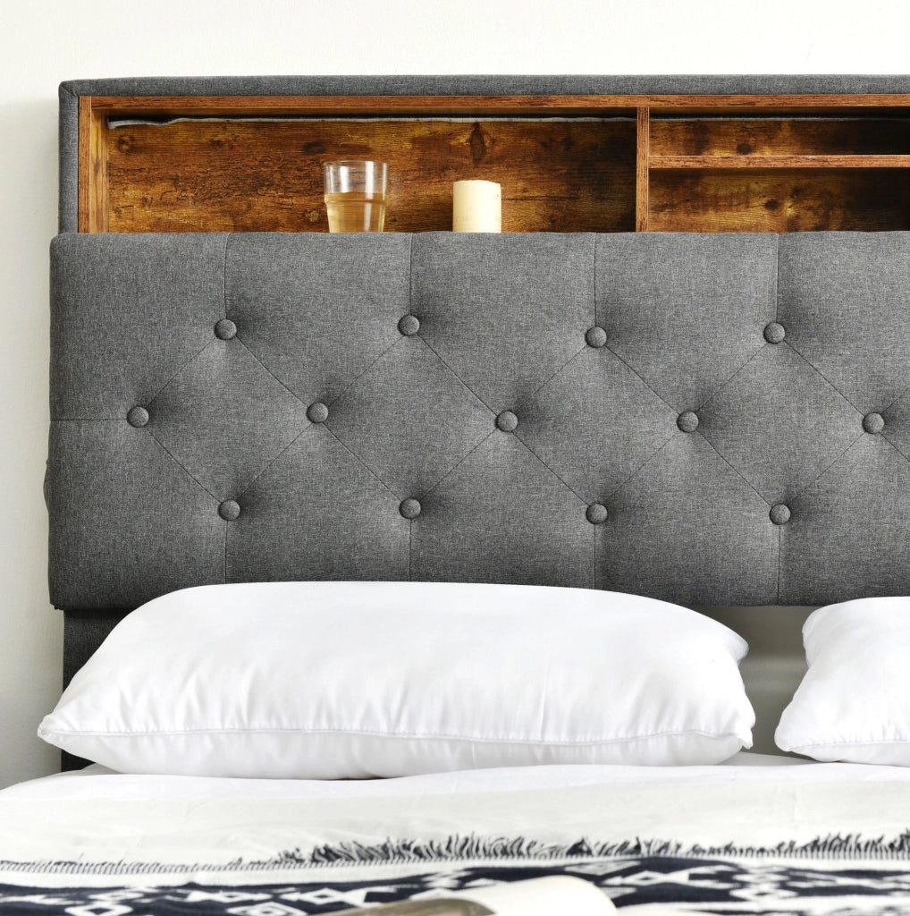 Letto matrimoniale imbottito con testiera contenitore e illuminazione LED, grigio