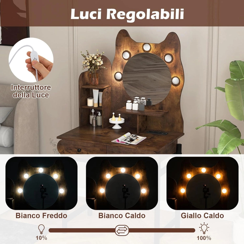 Toeletta da Trucco con Luci, Tavolo Trucco a Forma di Gattino, Illuminazione Regolabile a 3 Modalità, Scaffali Aperti e 2 Cassetti, Stazione di Ricarica Integrata (Marrone)